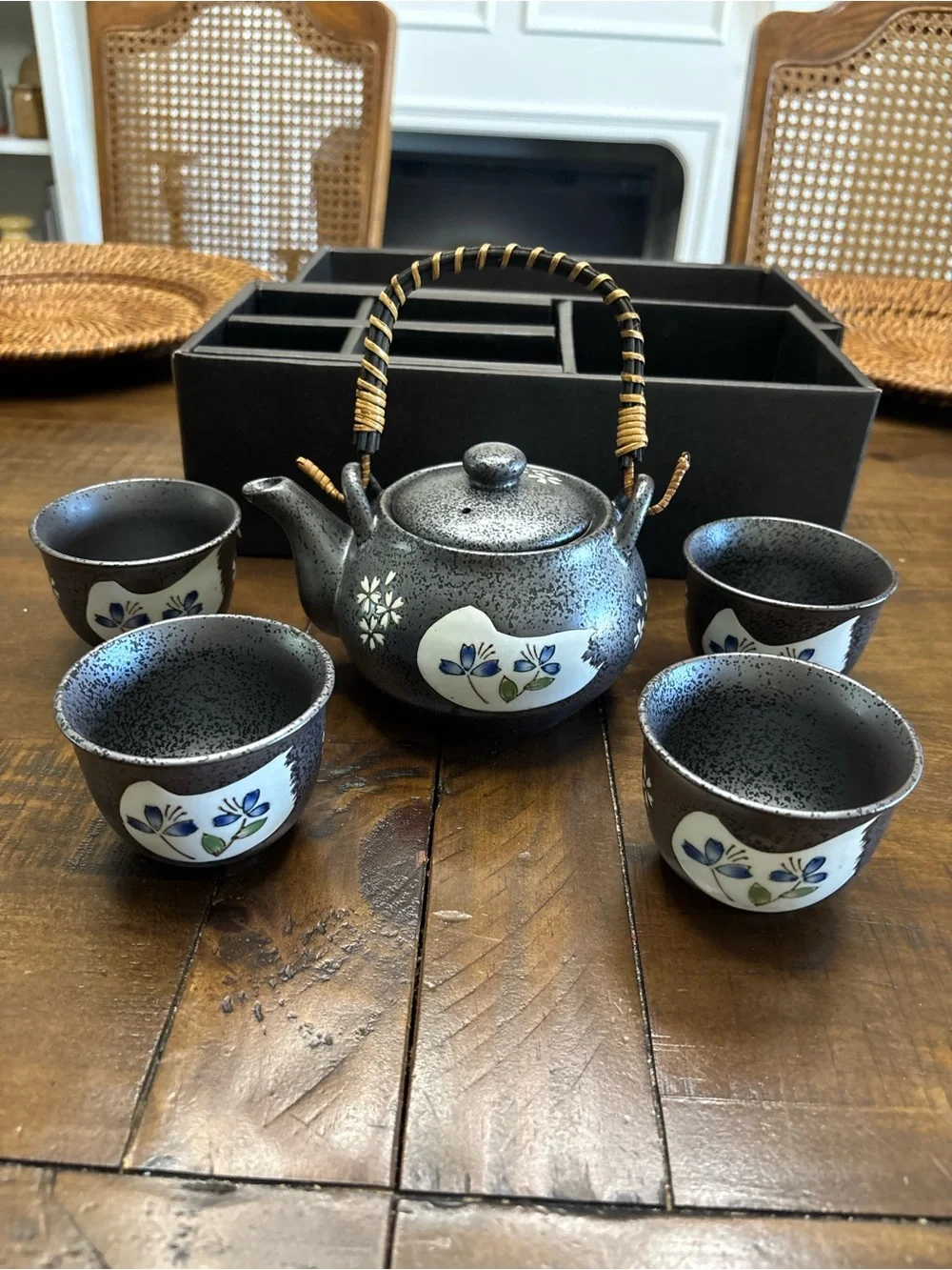 New in box five piece porcelain Japanese tea pot set. Teapot holds two cups